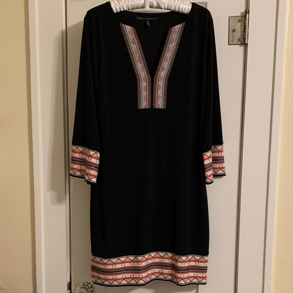 WHBM Boho Chic Dress, Black Stretch Knit, Geometric Trim, 3/4 Sleeves, Vee Neck